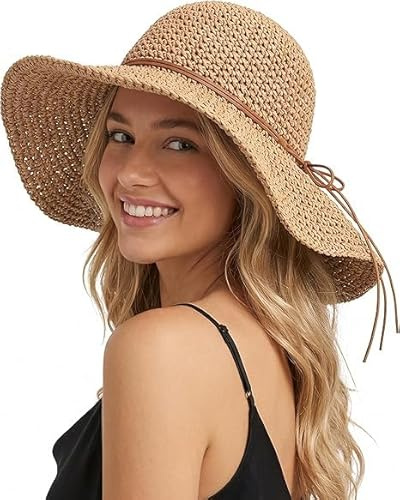 EKKONG Chapeau de Paille pour Femme Large Bordure Paille Chapeau de Soleil,Chapeau de Voyage Pliable pour Randonnée Pêche Plage Jardinage (Kaki)