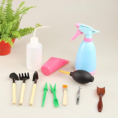 12pcs/set Mini herramientas de jardinería tenedor/pala/pinzas/botella de Spray plástico + madera + metal de flores jardinería herramienta Kits