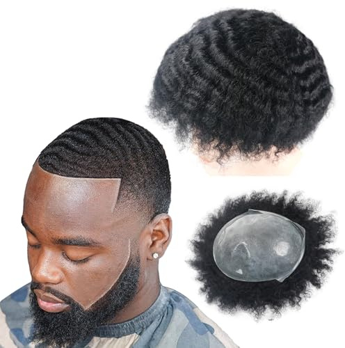 lumeng 10MM Wave Afro Black Mens Toupee Man Wigs100% Human Hair African American 360 Systems Skin PU Kinky Hair pieces Replacement 1#Jet black Male hair Unit Prosthesis Patch Implant 8X10