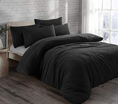 HOMES-LINEN Teddy Bear Fleece Thermal Warm Cosy Soft Fur Duvet Cover Set With Pillow Cases (Black, Double)