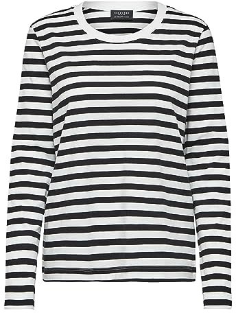 Selected Femme Damen SLFSTANDARD LS Tee STR NOOS T-Shirt, Black/Stripes:Snow White, M