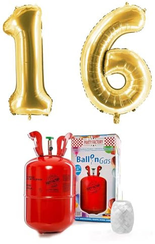 Party Factory – Helium Gasflasche 200L im Set mit XXL Zahlenballon 16 Gold – Partydeko Ballongas Flasche mit Folienballon & 40 m weißer Ballonschnur – Einwegflaschen mit Knick-Füllventil