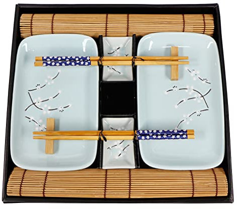 Exzact Plateaux à Sushis 10 pièces/Vaisselle - 2 x Plaques, 2 x Bols de plongée, 2 x Tapis de Bambou à Base, 2 x Supports à Baguettes, 2 x Paires de Baguettes - boîte Cadeau