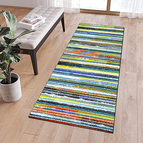 QQrunner Läufer Lang Flur rutschfest Teppich Küche 70x200cm Gestreift Bunt Teppichläufer Waschbar Meterware Lang Küchenteppich Schlafzimmer Korridor, Anpassbare Größe, 40-120cm Breit