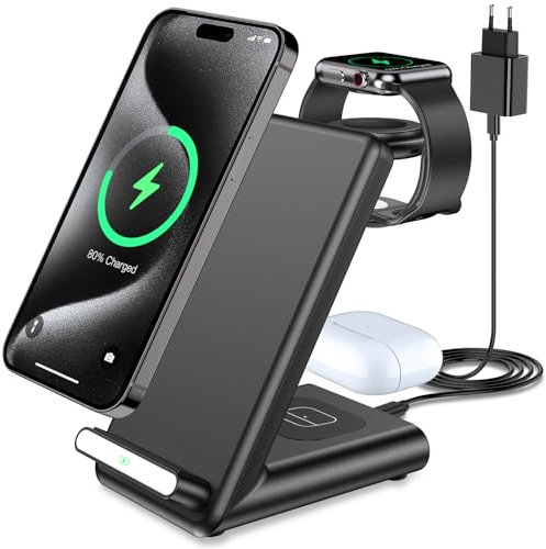 Chargeur Induction 3 en 1, Chargeur sans Fil pour iPhone 17 16 Pro Max/17 Air/16e, pour 15 14 13 12 11 Série/XS, Station de Charge pour Apple Watch Ultra 11 10 9 8 7 6 SE 5 4, Air-Pods Pro 3/4