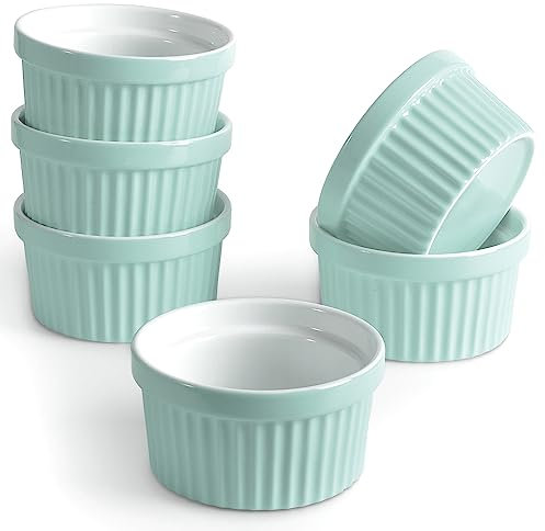 homEdge Porcelain Ramekins Set, 240 ml / 8 Fl Ounces Ice Cream Bowl, Creme Brûlée Ramekins Soufflé Cup for Baking, Set of 6 Turquoise