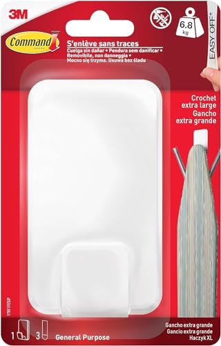 Command Gancio Multiuso XL per Pesi Massimi, 1 Gancio Bianco e 3 Strisce Adesive per Interni e Altri Oggetti - Senza Forare, Danneggiare il Muro o Lasciare Residui Appiccosi, Tenuta: 6,8kg