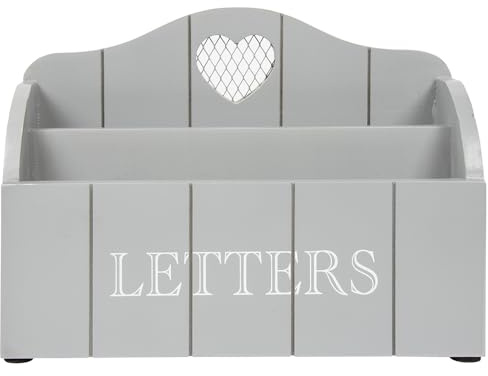Grey Letter Rack With Contrasting White Letters Wording and Cutout Heart Detail, Twin Compartment Decorative Mail Organiser (Grey)