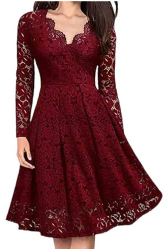 WEITING Vestido de Fiesta cóctel de Fiesta de Manga Larga con Cuello en V de Encaje Delgado y Elegante para Mujer-Rojo-L