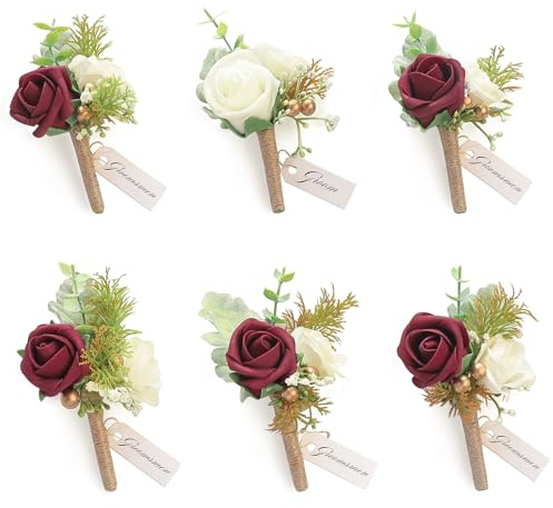 Floroom Set of 6 Burgundy & Ivory Foam Rose Boutonnieres with Pins for Men Wedding for Groom Groomsmen Wedding Ceremonies Anniversaries Formal Dinners Parties Proms