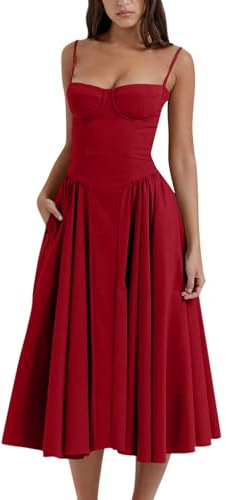 midelxp Abito da donna a corsetto elegante con spalline sottili, bustino midi con orlo plissettato, taglio basso, abito da ballo con tasche, L012-rosso, M