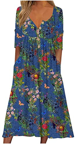Zeiayuas Women Casual Elegant Dress Sale Summer Boho Midi Dress Vintage Floral Print V-Neck Half Sleeve Button Long Dress with Pocket Bohemian Loose Dress Cocktail Holiday Beach Dress Ladies UK