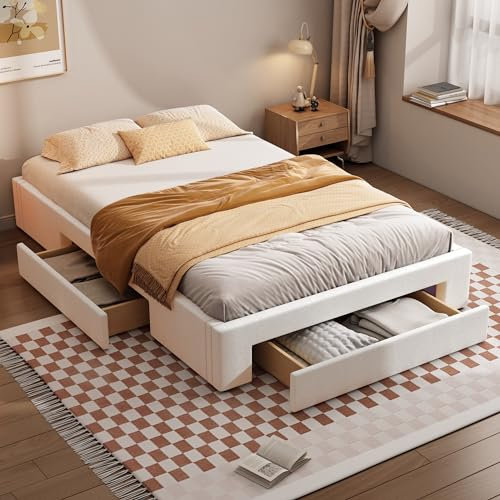 Dolamaní Polsterbett 140x200 cm Beige Ohne Kopfteil, Bett mit 3 Schubladen, Höhe 25 Palettenbett Plattformbettgestell mit Unterbettstauraum