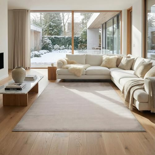 Jimri Flauschiger Teppich Läufer - Hochwertiger Kurzflor für Zuhause, Büro, Küche, Eingang, Flur, Wohnzimmer - Maschinenwaschbar - Rutschfester Teppich Waschbar - 160x220 cm - Beige