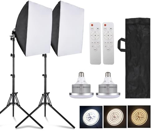 Andoer Kit de iluminación LED para estudio, 2 luces 40x40 cm, 2 trípodes 1,7 m, 2 mandos a distancia, 2 bolsas de transporte
