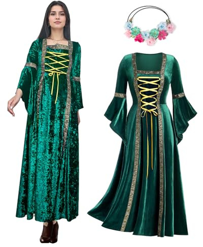 OPAEHJF Abito da donna in velluto retrò rinascimentale medievale per Halloween vintage vittoriano gotico, vestito con maniche a tromba, per cosplay (verde, L)