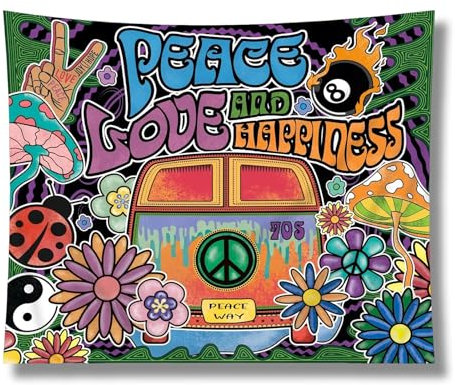 Toile de Fond Photo Studio Deco Disco – Toile de Fond Décorative avec Motifs Colorés Peace and Love Happiness, Idéale pour la Décoration de Fêtes, Studio Photo et Événements