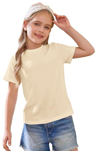 Mjjsk T-shirts pour filles d'été - Légers à manches courtes unies - T-shirts pour enfants confortables et doux - Tee-shirts de base décontractés pour enfants, beige, 6-7 ans