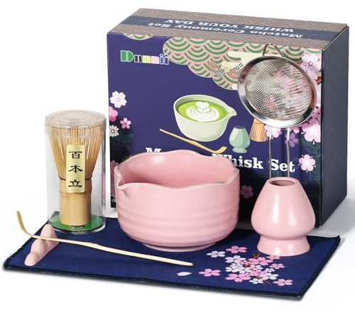 Dnnnii Matcha vispset, 7 st keramiska matcha-set innehåller matcha-skål, visp och hållare, bambulopa, skopa vila, siktare och kökshandduk-matchande älskare, present till familj/vän (rosa)