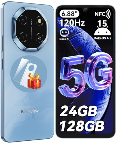 Blackview Shark 6 Smartphone 5G, 6.88 120Hz Telefonos Moviles, Telefono Android 15, Mobile Phone 24GB+128GB, Unisoc T8100, 5000mAh, 16+8MP, 5G Dual SIM/Face ID/Fingerprint/OTG/GPS/NFC