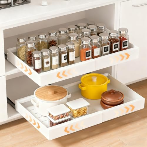 BOPEUY Ausziehbare Schublade Küche, 2 Stück Teleskopschublade mit Kleber, Küchenschrank Organizer Ausziehbar, Slide Out Cabinet Organizer Küche, Einstellbare Breite 32-53cm, Tiefe 42 cm - Weiß