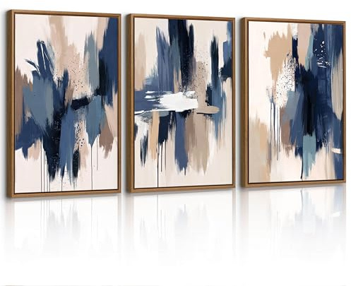 3Pcs Quadri Moderni Astratto Beige Blu Acquerello Stampa Su Tela Con Cornice, Quadro Nordico Minimalista Neutro Pittura su tela poster da parete Decorazione Murale Soggiorno Camera da letto 30x40cmx3