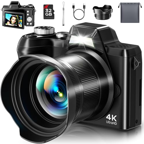 4K digitalkamera för fotografi, autofokus 56 MP vloggkamera för YouTube/innehållsskapare/resor, 16 x zoomvideokamera med 3 tum 180° flipskärm och linshuva, presentidéer för tonåringar och nybörjare
