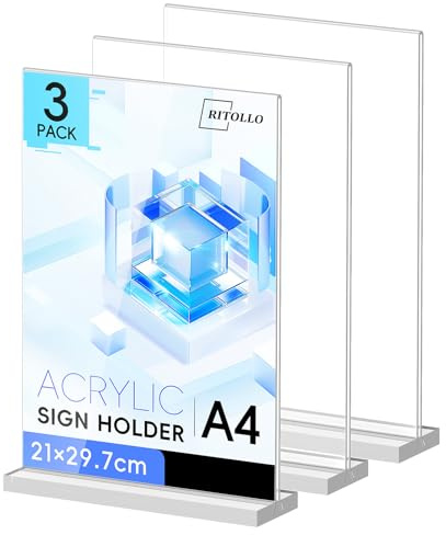 RITOLLO 3 Pack A4 Acrylic Sign Holder Double Sided Display – 8mm Thick T-Shape Stand, Clear Perspex Menu & Price Sign Holder, Stable Countertop Display for Restaurant, Pub, Shop & Office