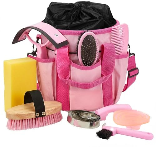 Cunhill 9 Pcs Horse Grooming Kit Tack Room Supplies Set with Tote Bag, Oval Massage Curry, Hard and Soft Brush, Hoof Pick, Sweat Scraper, Bathing Sponge, Comb for Horse Rider(Classic,Pink)