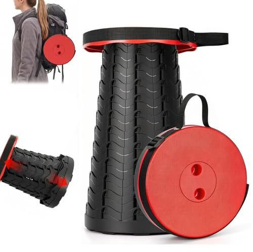 HUIQIHANG Portable Folding Stool, Collapsible Telescopic Folding Stool Heavy Duty, Lightweight, Adjustable Pop Up Plastic Stool for Camping Fishing Hiking BBQ Outdoors Indoors Kitchen Garden (Red)