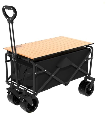 Hopfällbar Bollerwagen med bord strandvagn vikbar trädgårdsvagn camping transportvagn justerbart handtag terräng hjul kopphållare svart/B