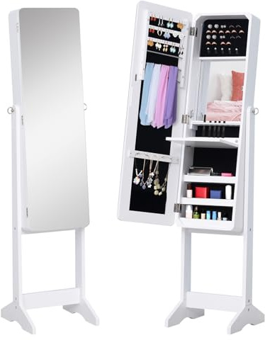 HOMCOM Joyero de Pie con Espejo Armario para Joyas Luces LED Reclinable Guardajoyas Anillos Pendientes Collares Madera 30x36x146cm Blanco