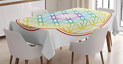 ABAKUHAUS Platz Tischdecke, Leuchtende Blume des Lebens, Personalisierter Druck Klare Farben ohne Verblassen Waschbar für Außen Bereich, 140 x 170 cm, Weiß Gelb Blau