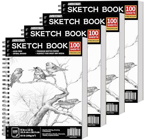 FIXSMITH A4 Sketchbook 4 Packs, 9X12 Sketch Book 100 Sheets (68 lb/100gsm), Drawing Pad for Kids, Spiral Bound Artist Sketch Pad, Ideal for Kids,Beginners,Artists, Bright White