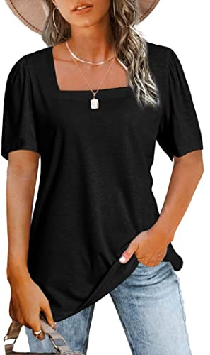 JomeDesign Womens Tops Short Sleeve Square Neck Shirts Loose Casual T-Shirts Tunic Tops for Leggings Black XL
