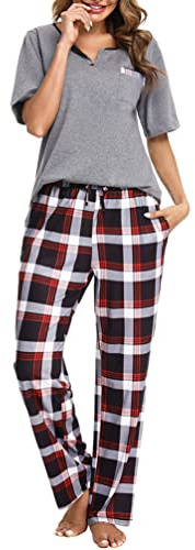 Bresdk Pijama de Mujer de Algodón con Manga Corta Pantalones a Cuadros | Suave punto de algodón, cintura con cordón y bolsillos, dormir y relajarse