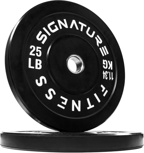 Signature Fitness Discos de peso olímpicos de 2 pulgadas con cubo de acero, 25 lbs, par negro de goma virgen