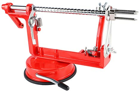 3 en 1 éplucheur De Pommes, Corer Outil De Coupe en Spirale 304 Lame éplucheur De Pommes De Terre à Manivelle pour Cuisine Restaurant Grande Tige De Traction à Ventouse Rouge