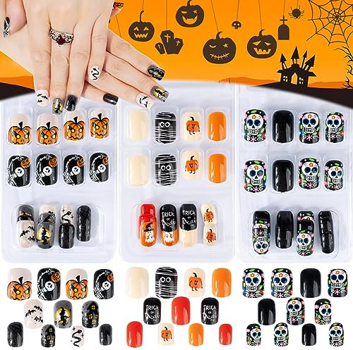 BETESSIN 72pz Unghie Finte Colorate Adesive Halloween Corte Artificiali Copertura Completa per Manicure Decorazione Fai da Te (3 Scatole)
