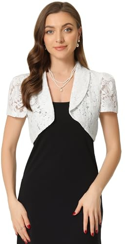 Allegra K Mujer Bolero Cárdigan Top de Encaje Floral Cuello de Solapa Manga Corta Elegante Bolero Blanco L