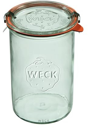 Weck Zylindrisches Glas 1000 ml 6 Stück | Glas mit Deckel, Dichtung und 2 Verschlüssen | Zum Konservieren von Konserven, Säften, luftdichtes Aufbewahren von trockenen Zutaten