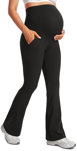 CRZ YOGA Damen Butterluxe Bootcut Umstandsleggings Flare Schwangerschaft Leggings Mutterschaft Yoga Hosen Umstandshose - 79cm Schwarz 40