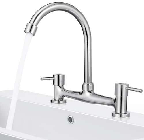 Kitchen Sink Mixer Taps,Plastic Alloy Copper Faucet,Kitchen Mixer Taps, 360° Swivel Spout 2 Hole Bridge Tap Cold and Hot Mixer Tap,2 Hole Mixer Taps Vertical Bathroom Vanity Faucet Basin(Silver)