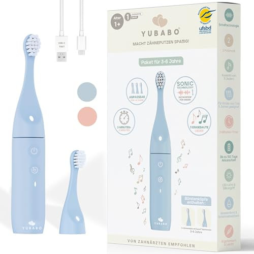 Yubabrosse Spazzolino Elettrico per Bambini, Junior, Musicale, Scalabile, Timer, Led, 2 Spazzole, Blu