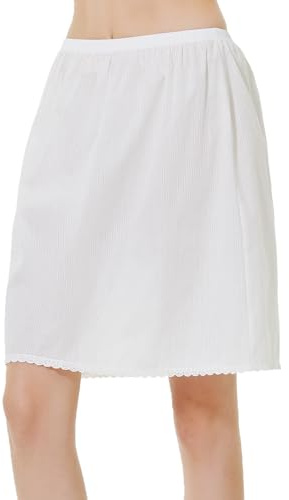 BEAUTELICATE Jupon sous-Jupe sous-Robe Lingerie en Pur Coton Anti-Statique avec Dentelle Motif Rayé A-Ligne Ample Grande Taille De Femme Fille Été Court Mi-Long Blanc cassé
