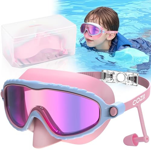 COZII Taucherbrille Kinder, Schwimmbrille Kinder für Jungen Mädchen mit Nasenschutz Ohrstöpsel, 180° Panorama Anti-Leck Anti-Beschlag Anti-UV, Schnorchelmaske Kinder für 4-13 Jahre (Rosa)