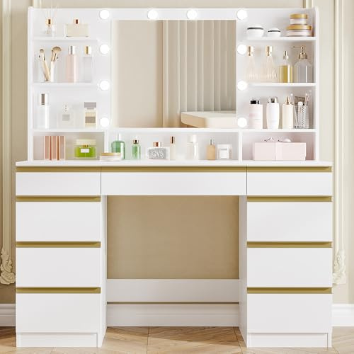 Hzuaneri Dressing Table with Bulb Light, Vanity Desk with 1 Large Drawer and 8 Small Drawer Cabinets, Adjustable Brightness, Large HD Mirror, 9 Open Storage Areas, 108 cm Desktop, White DT35703X