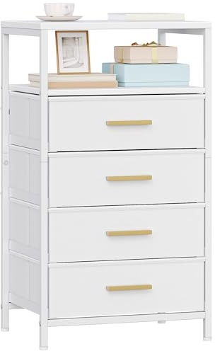 Hzuaneri Mesita de Noche, Mesita Auxiliar con 4 Cajones de Tela y Compartimento Abierto, Mesa Lateral de Sofá de Moderna, para Dormitorio y Sala de Estar, 30 x 40 x 70 cm, Blanco NS40713W