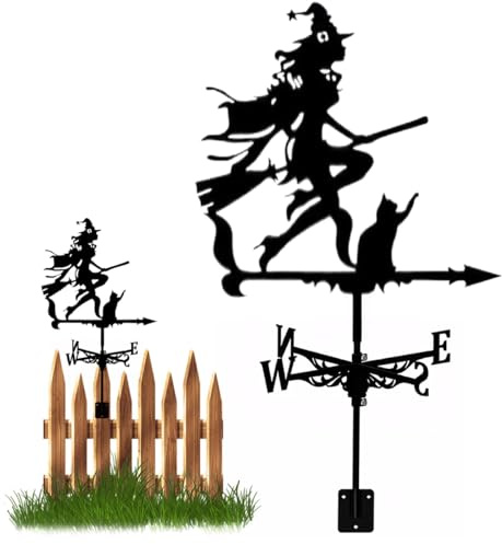 Veleta de metal de bruja, decoración de jardín al aire libre, veleta de metal negro, decoración de cabaña, bruja voladora de techo
