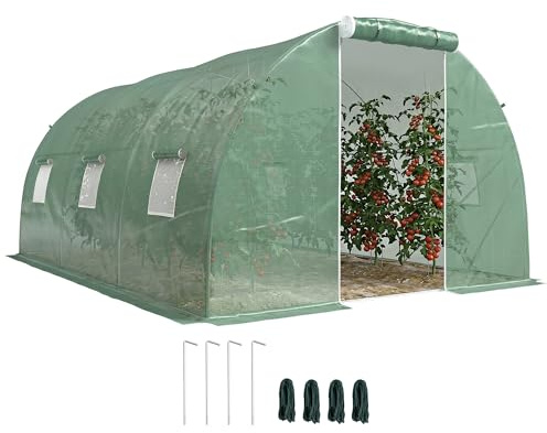Outsunny Invernadero de Exterior 4,5x3x2 m, Invernadero de Túnel con Puerta Enrollable, 6 Ventanas de Malla, Cubierta PE 140g/m² y Marco de Acero Galvanizado, Anti-UV Impermeable, para Cultivos, Verde